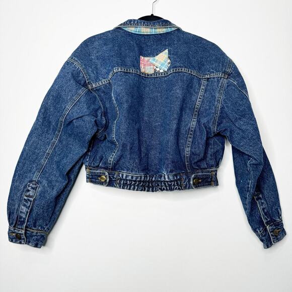 Vintage Get Used Denim Crop Jean Jacket Flannel Lined Patches Size Medium - Picture 6 of 8